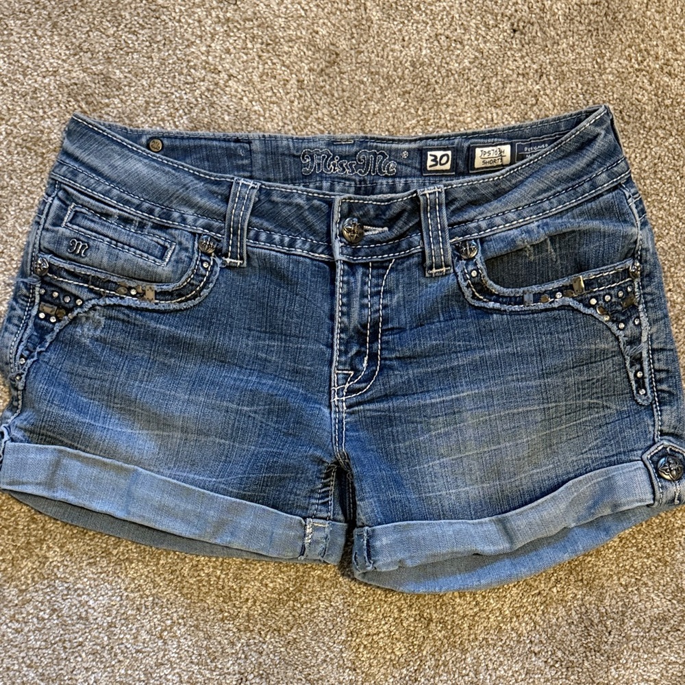 Miss Me Blue Denim Rolled Hem Jean Shorts with Stud Accents